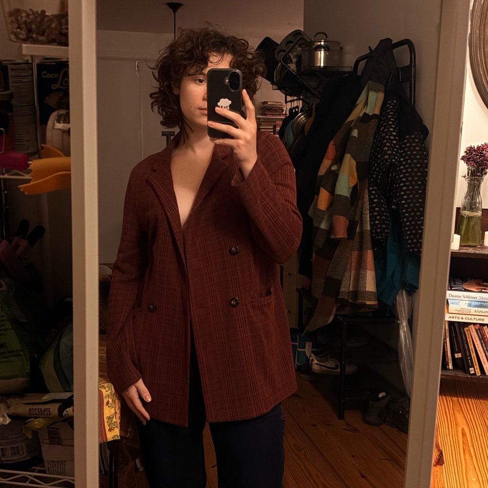 Women's Double-Breasted Maroon Plaid Blazer Cardigan